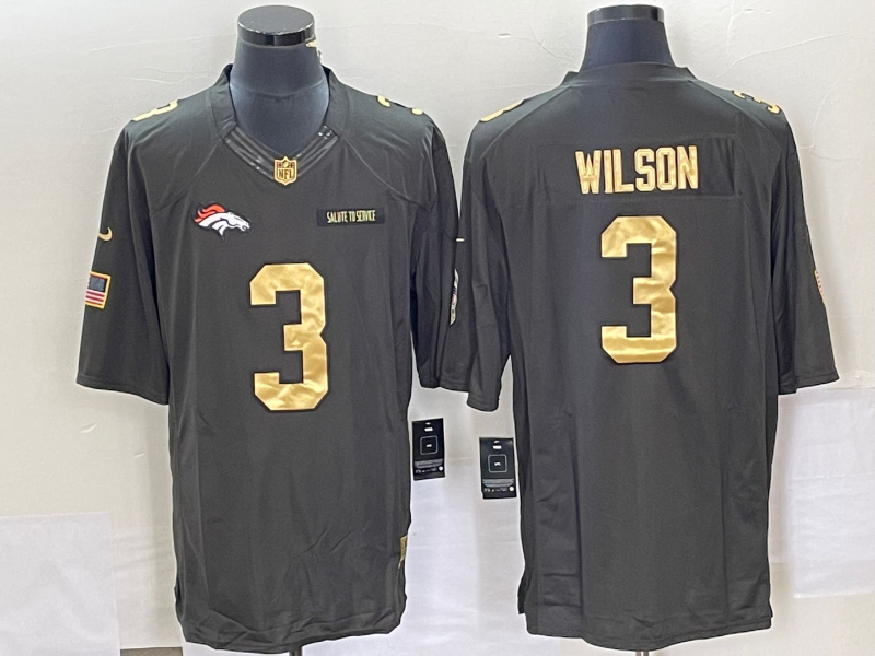 Men's Denver Broncos #3 Russell Wilson Olive Gold Stitched Jersey